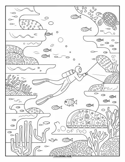 Coloriage de natation pour adultes : Un plongeur en combinaison avec une lampe de poche longe des arches de corail, des récifs, des poissons et une tortue de mer