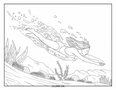 Coloriage de natation pour adultes : Une nageuse gracieuse se déplace sous l'eau avec des cheveux flottants, des bulles, des plantes et des rochers autour d'elle