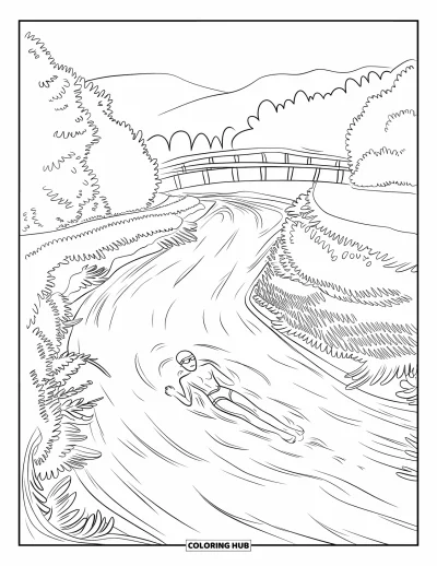 Coloriage de natation pour adultes : Un nageur solitaire descend une rivière sinueuse près de verdure, d'un pont en bois et de montagnes lointaines