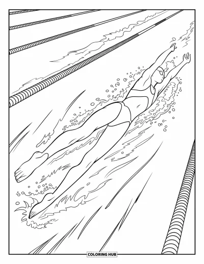 Coloriage de natation pour adultes : Un nageur élancé vire dans un couloir de piscine avec des sillages de mouvement dans son sillage