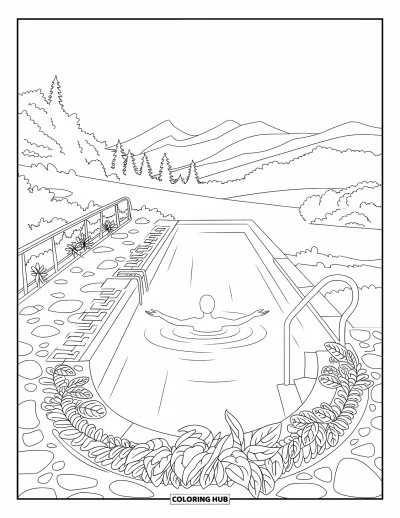 Coloriage de natation pour adultes : Un nageur flotte en position du lotus dans une piscine à débordement entourée de plantes, de pierres et de montagnes