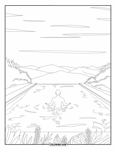 Coloriage de natation pour adultes : Un nageur flotte en position du lotus dans une piscine à débordement avec des montagnes et de la verdure