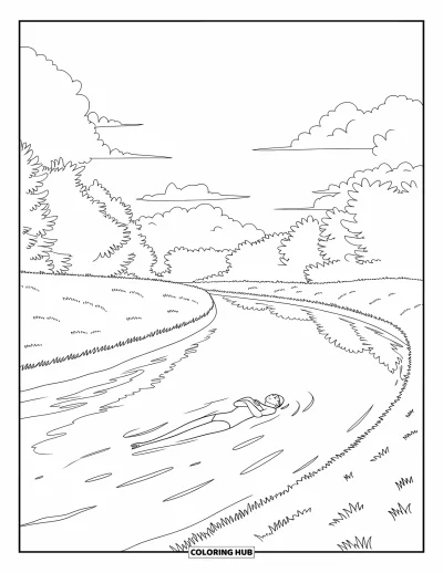 Coloriage de natation pour adultes : Un nageur flotte sur le dos dans une rivière sinueuse sous les arbres, le ciel et l'herbe douce