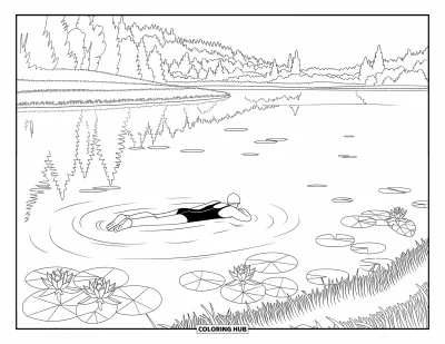 Coloriage de natation pour adultes : Une nageuse en maillot de bain dérive parmi des nénuphars sur un lac calme près d'une forêt