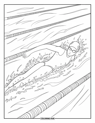 Coloriage de natation pour adultes : Un nageur en virage dans un couloir avec des lignes de mouvement et plusieurs lignes de nage derrière lui