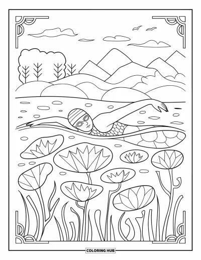 Coloriage de natation pour adultes : Un nageur passe sous des feuilles de lotus et des roseaux avec des montagnes et des arbres en arrière-plan