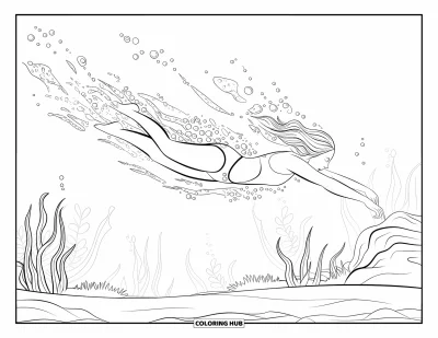 Coloriage de natation pour adultes : Une nageuse aux cheveux flottants glisse sous l'eau entourée de bulles, de plantes et de rochers