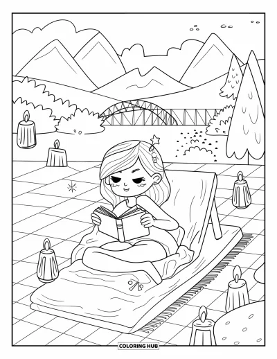 Coloriage de natation pour adultes : Une adolescente se prélasse avec un livre, des lanternes flottantes et des montagnes en arrière-plan