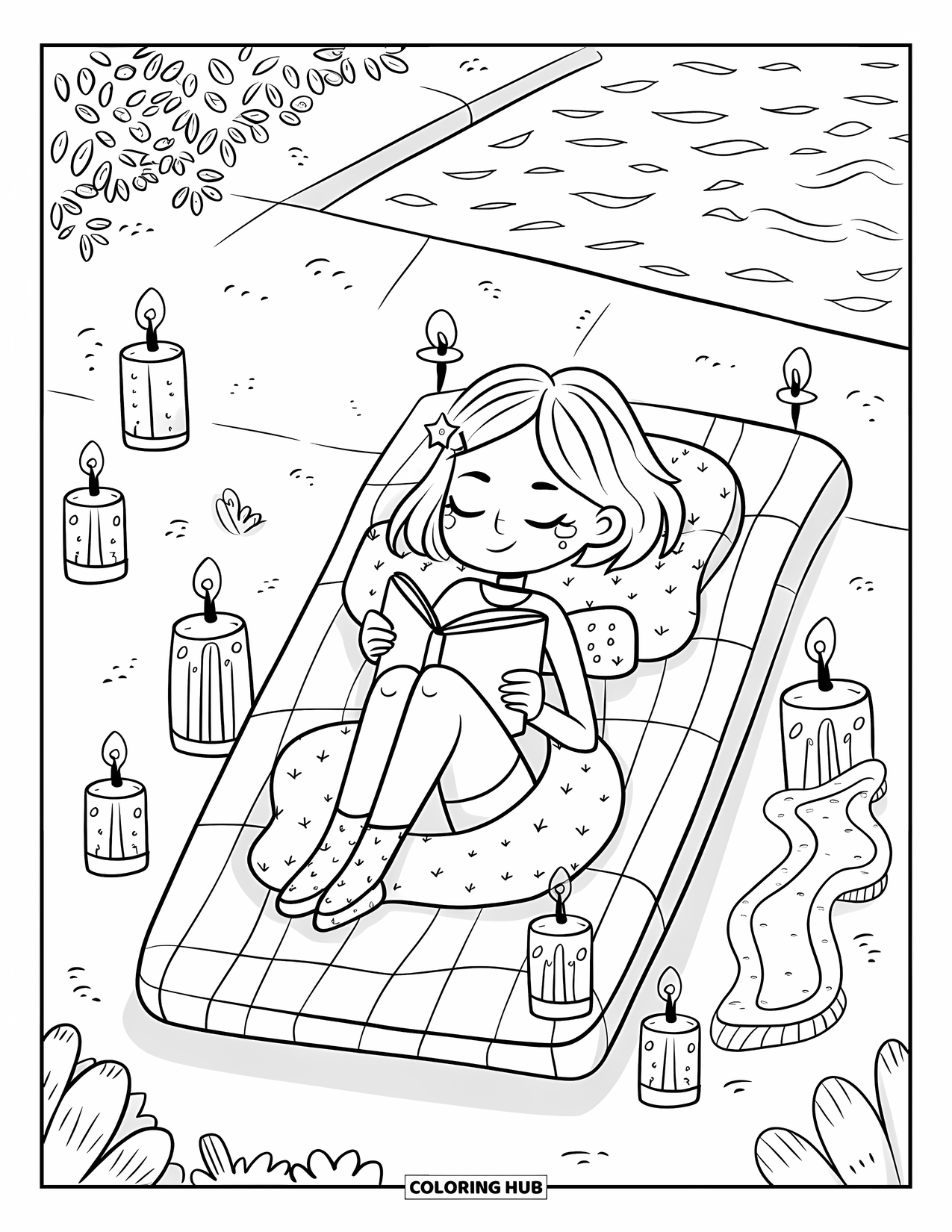 Swimming Coloring Page for Adults: A teen girl relaxes on a lounge mat with a book and floating lanterns around her