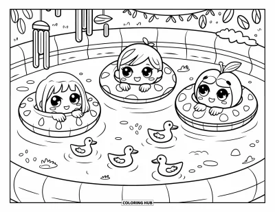 Coloriage de natation pour adultes : Trois amis chibi flottent ensemble dans des bouées en forme de fruits avec des canards et des carillons éoliens
