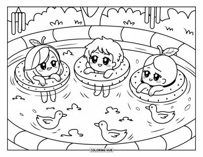 Coloriage de natation pour adultes : Trois amis chibi dans des bouées en forme de fruits s'éclaboussent avec des canards et des carillons éoliens