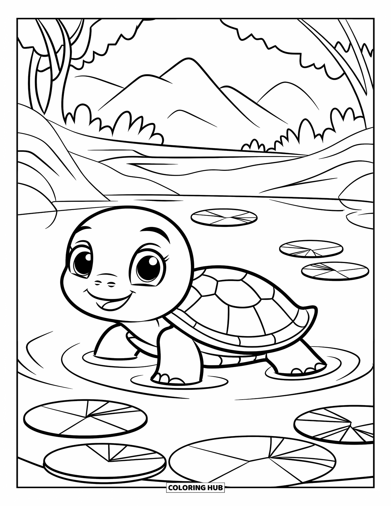 Swimming Coloring Page for Kids: A baby turtle learns to swim near lily pads, mountains, and trees