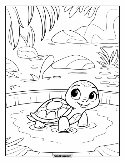 Coloriage de natation pour enfants : Une petite tortue nage dans un bassin près de rochers et de plantes