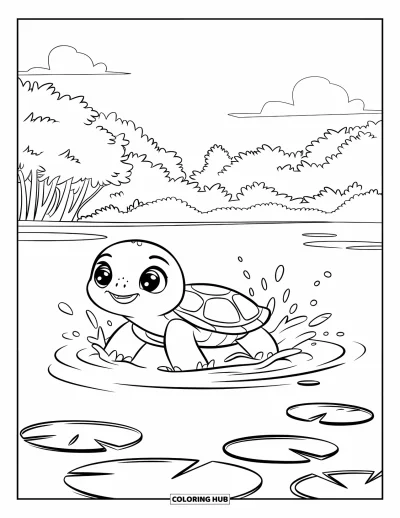 Coloriage de natation pour enfants : Une petite tortue nage avec des éclaboussures parmi des nénuphars et de grands arbres forestiers