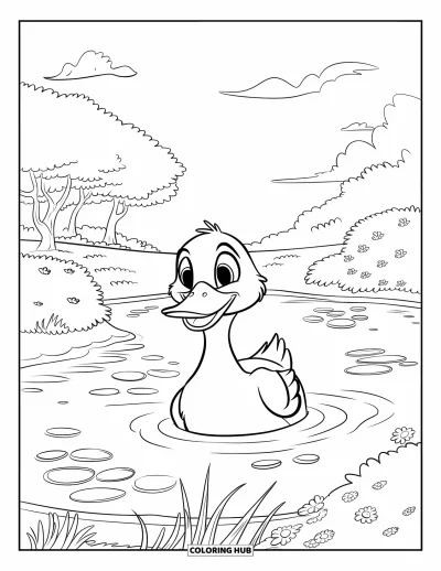 Coloriage de natation pour enfants : Un grand canard pagaie tranquillement dans un étang entouré d'arbres et de fleurs
