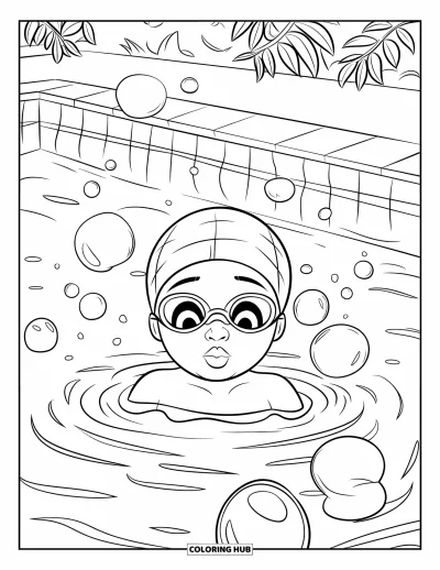 Coloriage de natation pour enfants : Un enfant fait des bulles dans une piscine près de plantes et du bord du bassin