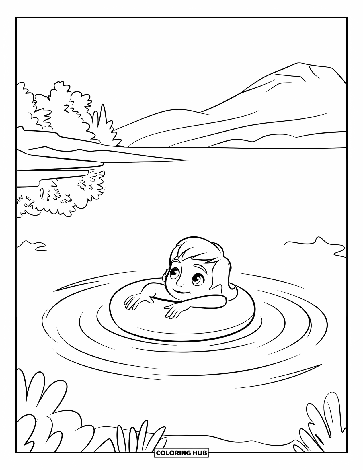 Swimming Coloring Page for Kids: A child floats on a swim ring in a lake with trees and a mountain