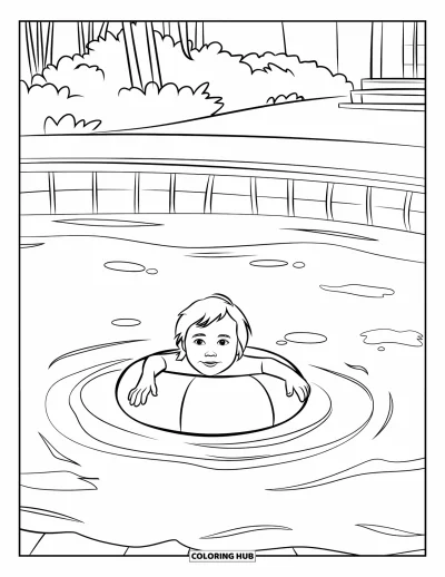 Coloriage de natation pour enfants : Un enfant flotte sur une bouée avec de douces ondulations, des arbres et un bâtiment
