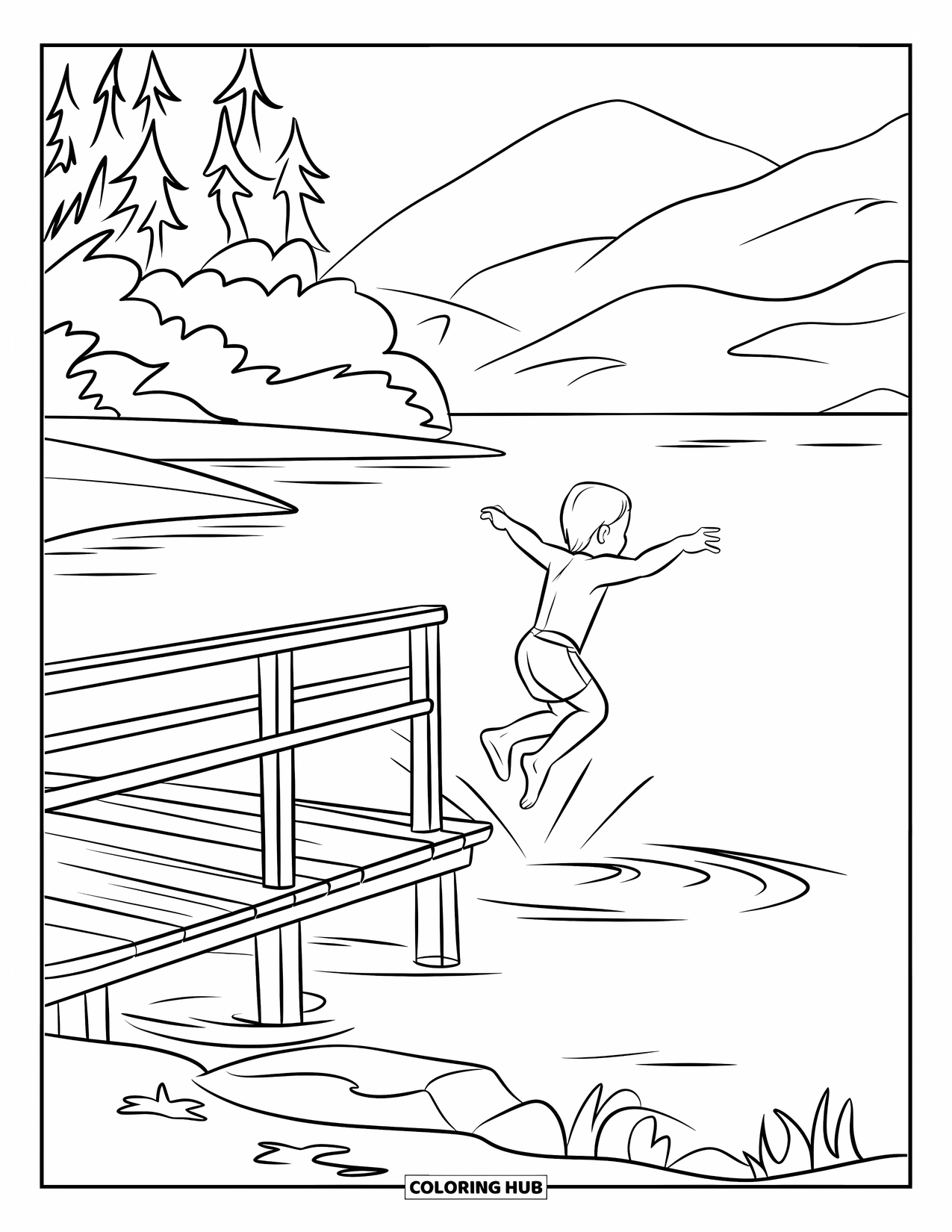 Swimming Coloring Page for Kids: A child jumps from a dock into a lake with rocks and mountains nearby