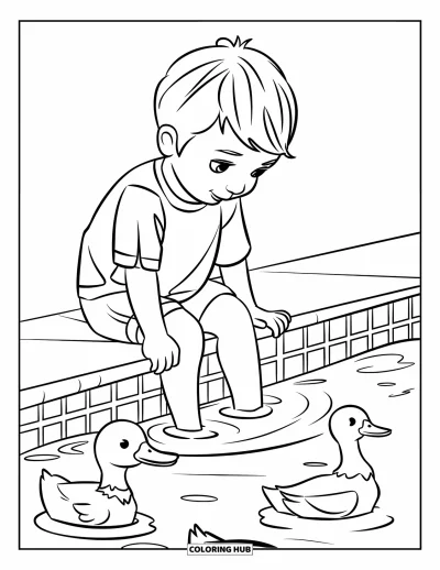 Coloriage de natation pour enfants : Un enfant fait des battements de pieds dans l'eau avec des canards qui nagent à côté