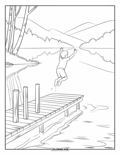 Coloriage de natation pour enfants : Un enfant saute d'un ponton dans un lac calme avec des arbres et des montagnes