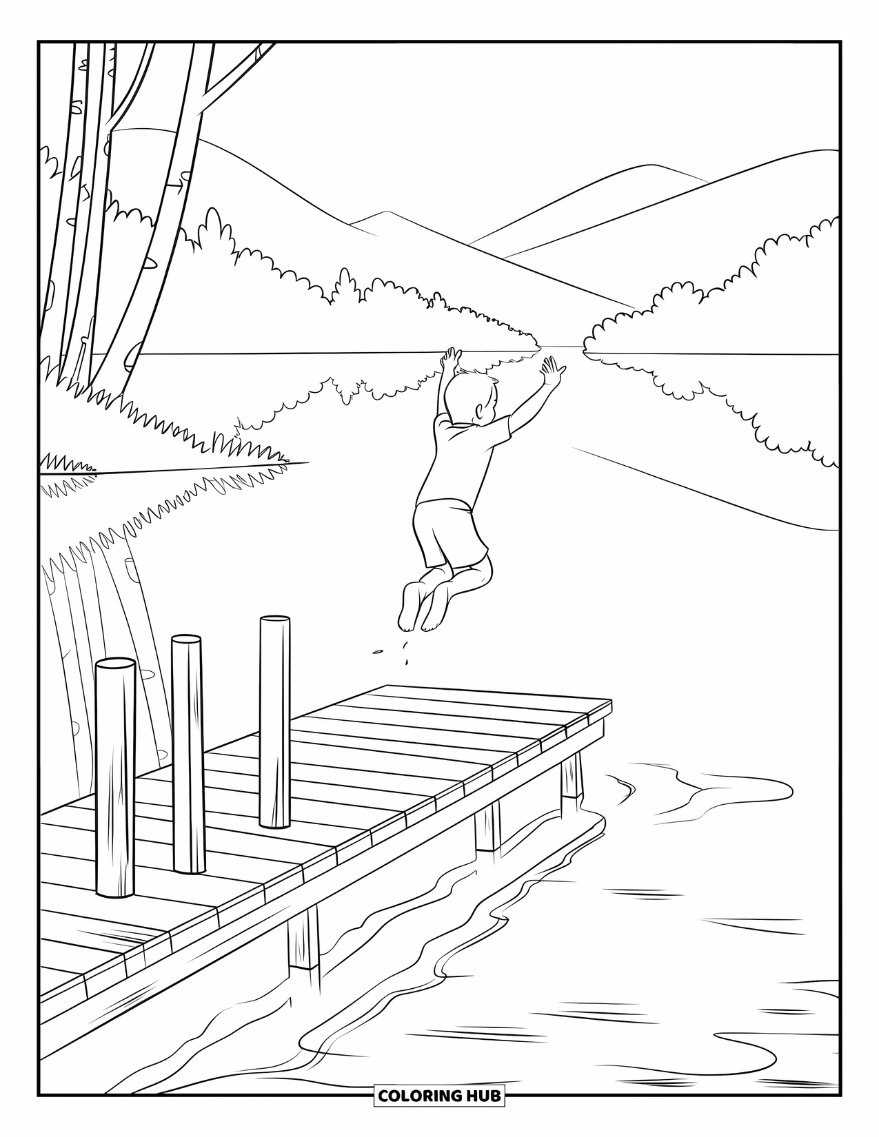 Swimming Coloring Page for Kids: A child leaps from a dock into a calm lake with trees and mountains