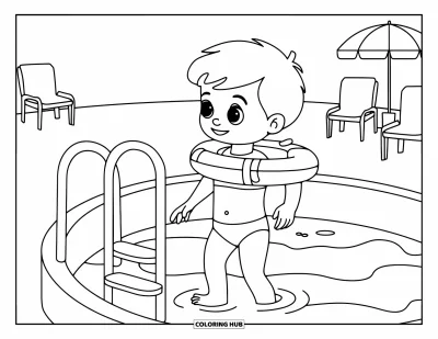 Coloriage de natation pour enfants : Un enfant avec brassards entre dans une pataugeoire avec une échelle, des chaises et un parasol
