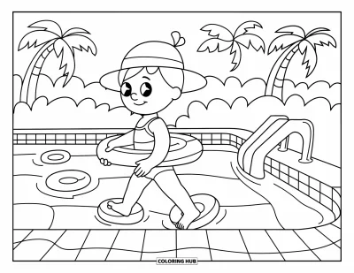 Coloriage de natation pour enfants : Un enfant avec des brassards entre dans une pataugeoire près d'un toboggan et de palmiers
