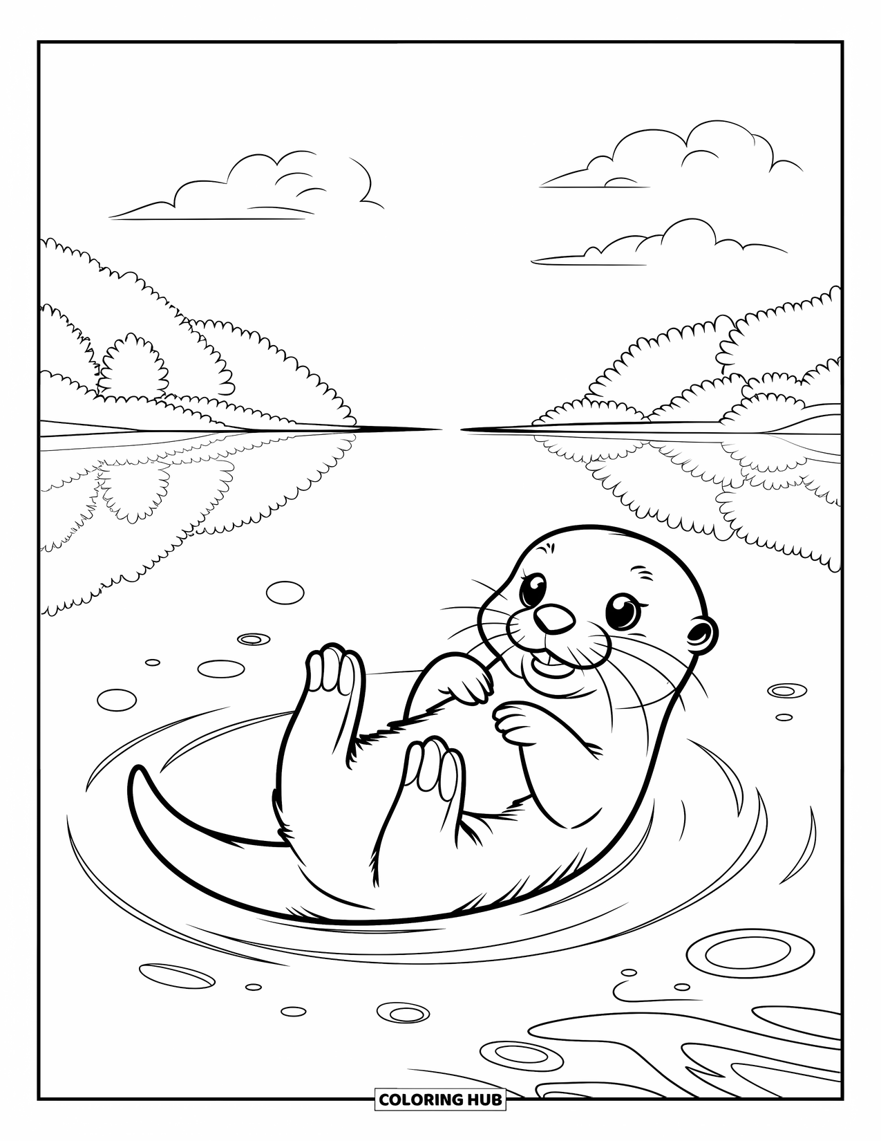 Swimming Coloring Page for Kids: A cute otter drifts on calm water with bubbles and forest reflections around