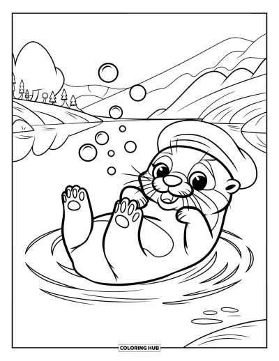 Coloriage de natation pour enfants : Une adorable loutre flotte sur le dos avec un chapeau, des bulles remontant à la surface