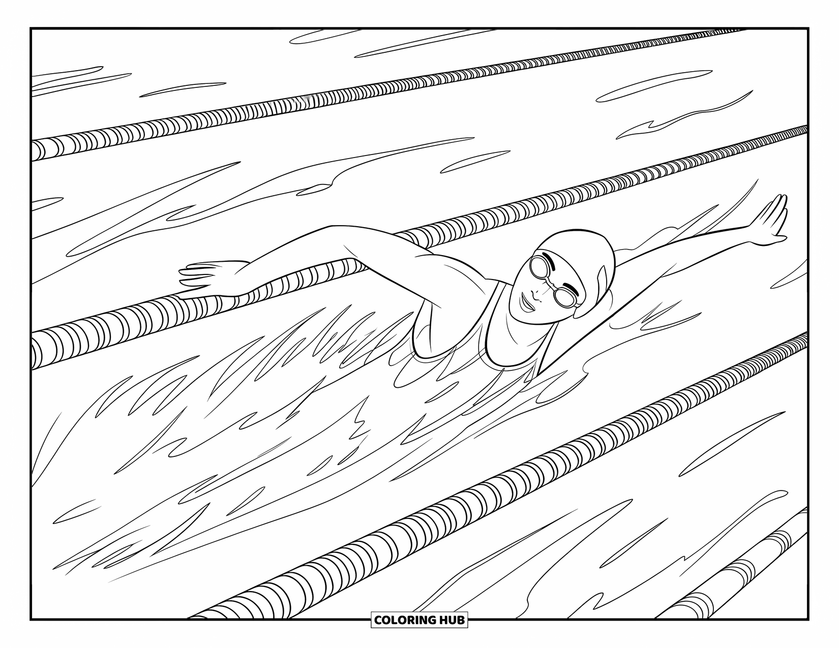 Swimming Coloring Page for Kids: A determined swimmer in cap and goggles pushes through marked pool lanes