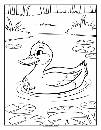 Coloriage de natation pour enfants : Un canard pagaie doucement dans un étang avec des nénuphars et des arbres alentour