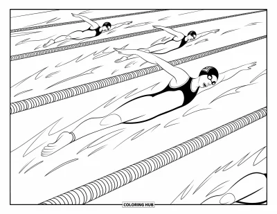 Coloriage de natation pour enfants : Un nageur en crawl prend de l'avance avec des éclaboussures et d'autres nageurs autour