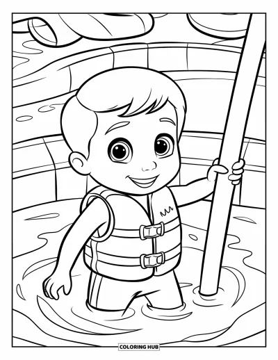 Coloriage de natation pour enfants : Un enfant joyeux avec un gilet de sauvetage tient une frite de piscine en eau peu profonde