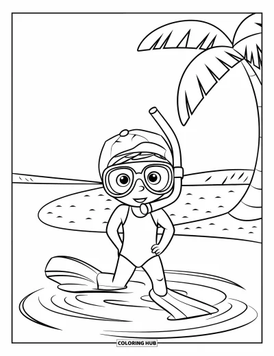 Coloriage de natation pour enfants : Un enfant se tient en eau peu profonde avec des palmes, un tuba et un palmier à proximité