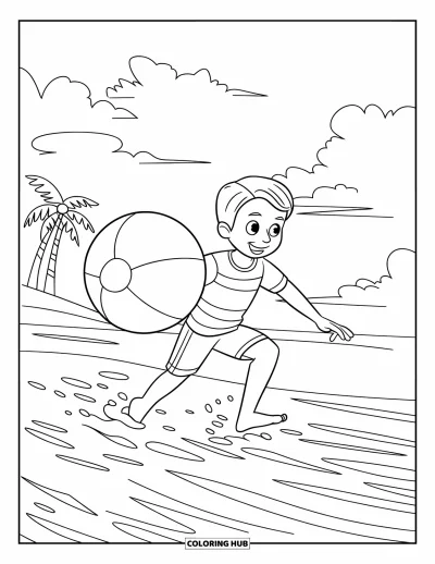 Coloriage de natation pour enfants : Un enfant en rayures court après un ballon de plage près des vagues et de palmiers