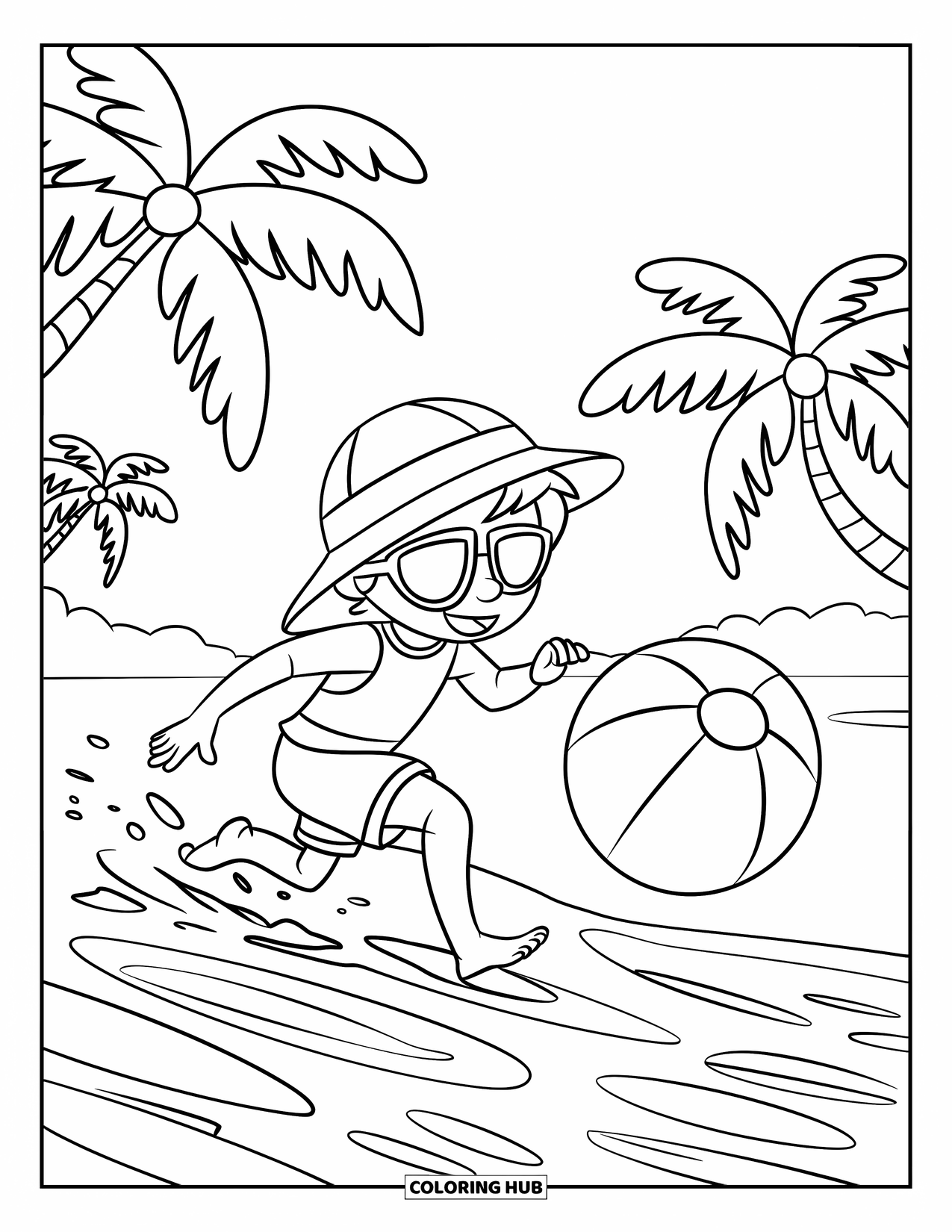 Swimming Coloring Page for Kids: A kid with hat and sunglasses chases a beach ball through waves and palm trees