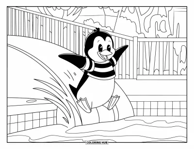 Coloriage de natation pour enfants : Un pingouin rayé avec chapeau glisse dans un bassin près d'arbres et d'une clôture