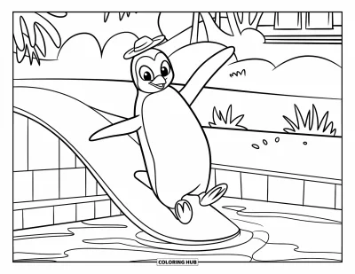 Coloriage de natation pour enfants : Un pingouin avec un petit chapeau glisse dans un bassin près d'arbres et d'un bâtiment