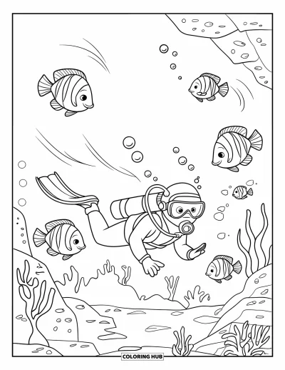 Coloriage de natation pour enfants : Un plongeur avance parmi des poissons, des bulles, des rochers et des plantes aquatiques