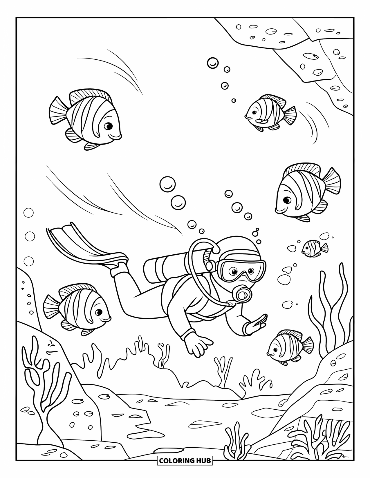 Swimming Coloring Page for Kids: A scuba diver moves through fish, bubbles, rocks, and underwater plants