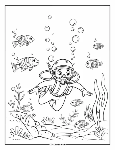 Coloriage de natation pour enfants : Un plongeur entouré de poissons, de bulles, de plantes et de rochers sous-marins