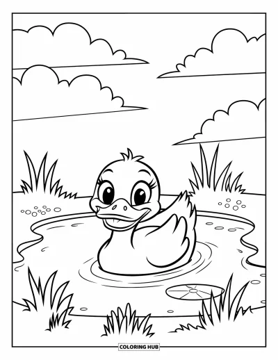 Coloriage de natation pour enfants : Un canard souriant pagaie dans un petit étang entouré d'herbe et de nuages duveteux