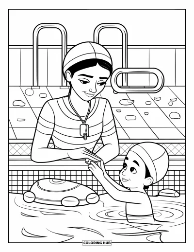 Coloriage de natation pour enfants : Un maître-nageur en rayures tient la main d'un enfant dans l'eau avec du matériel de flottaison à proximité