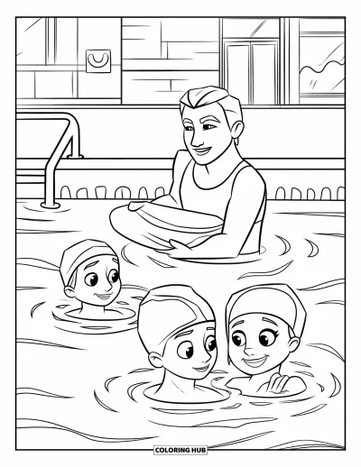 Coloriage de natation pour enfants : Un maître-nageur avec des enfants tient un flotteur dans une piscine près d'un bâtiment