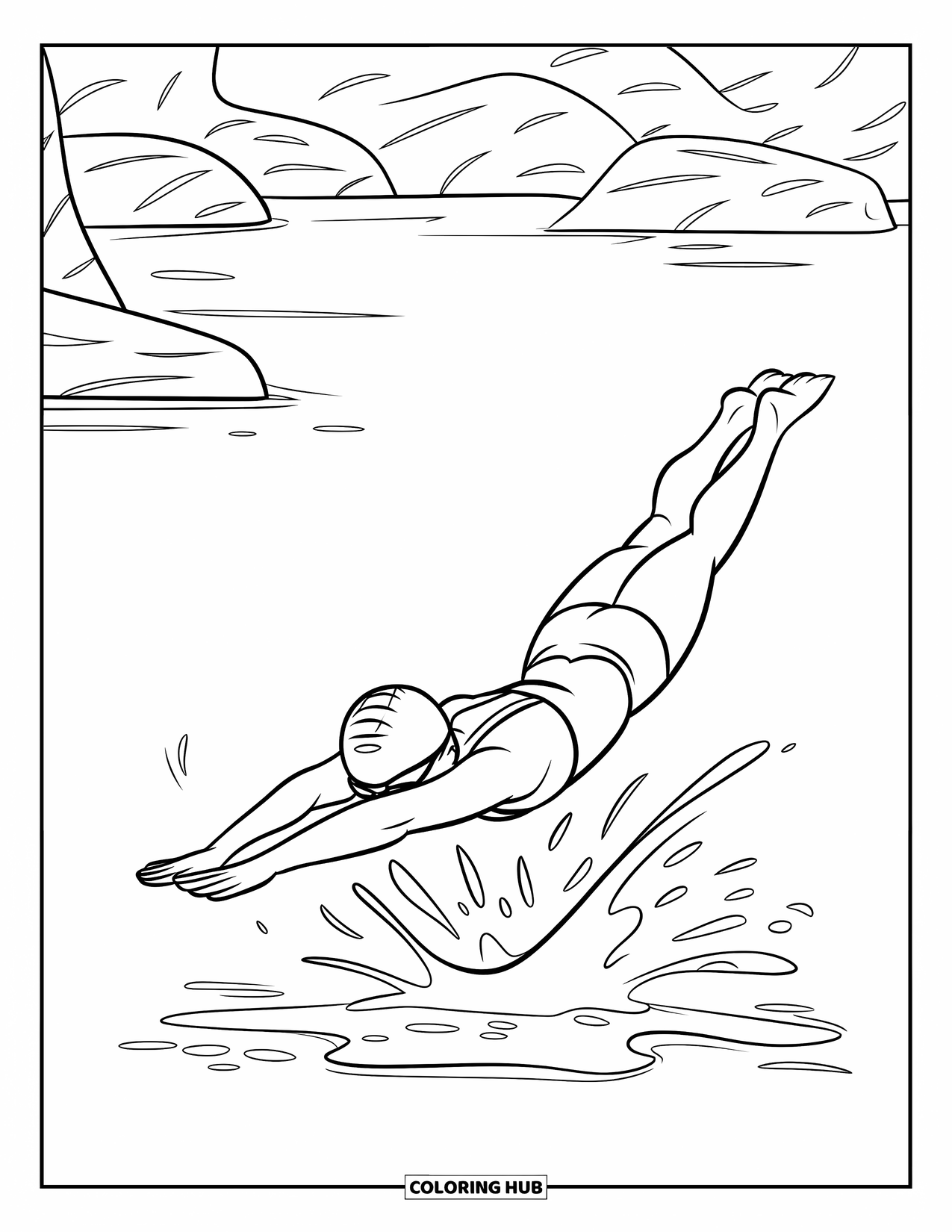 Swimming Coloring Page for Kids: A swimmer dives into a calm lake with rocks nearby