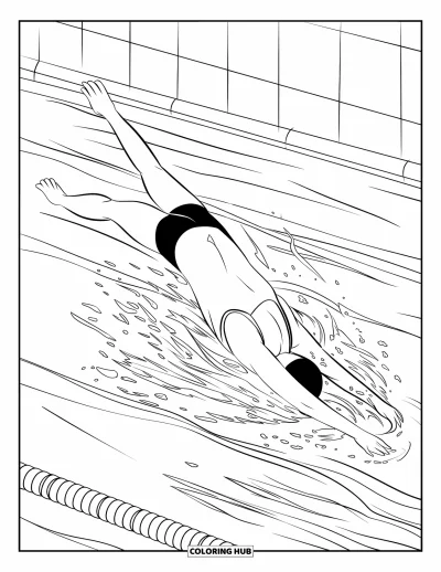 Coloriage de natation pour enfants : Un nageur fait le dos crawlé avec le corps arqué et des sillages d'eau derrière lui