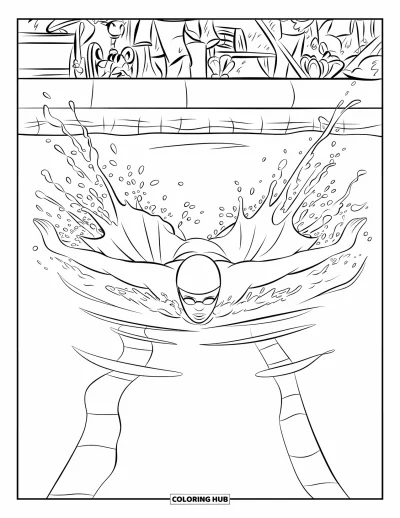 Coloriage de natation pour enfants : Un nageur fait le crawl papillon avec de grandes éclaboussures et des spectateurs qui regardent