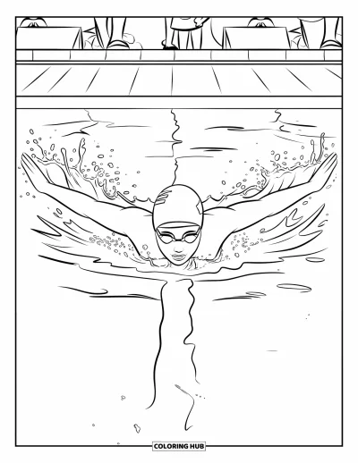 Coloriage de natation pour enfants : Un nageur enchaîne le papillon avec des éclaboussures et des personnes à proximité