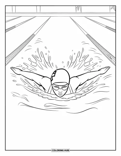 Coloriage de natation pour enfants : Un nageur avec bonnet et lunettes fait le papillon avec des couloirs de nage derrière lui